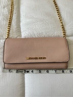 Michael Kors Blush Saffiano Leather Crossbody Wallet with Gold Chain